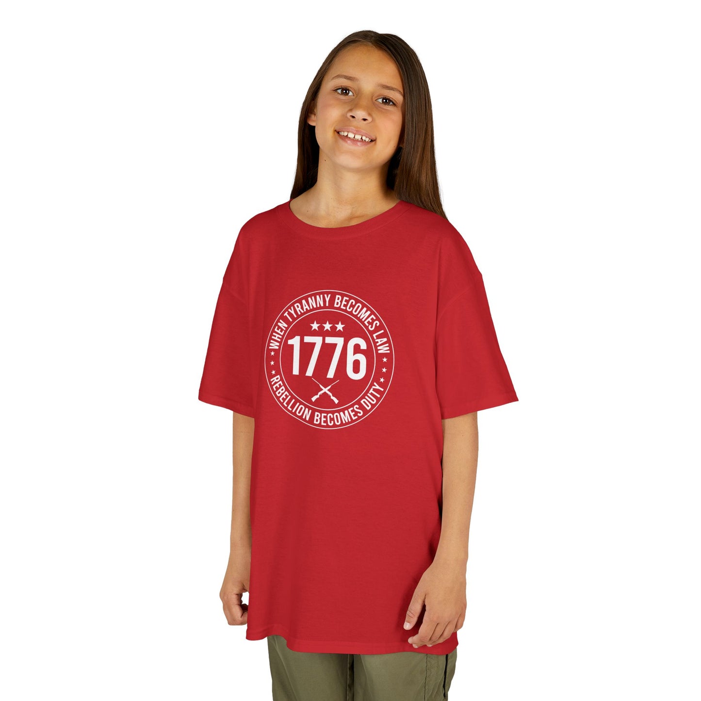 Child wearing a red t-shirt with a white graphic and text on a white background