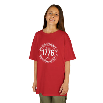 Child wearing a red t-shirt with a white graphic and text on a white background