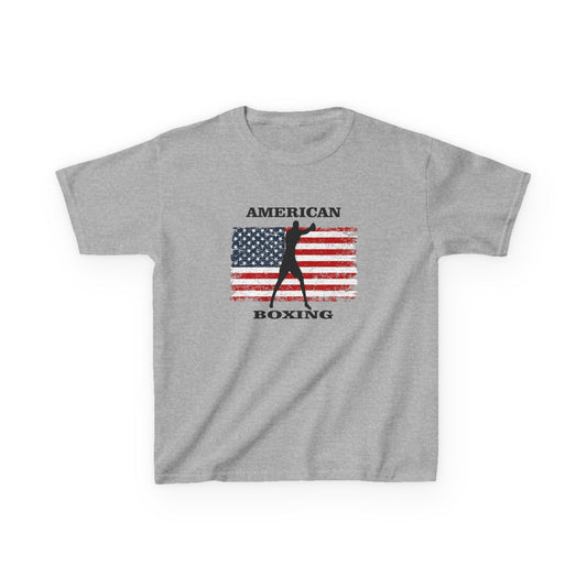 Gray t-shirt with American flag and boxing graphic on a white background