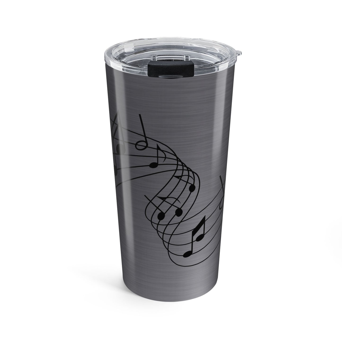 Silver tumbler with black music note design on a white background