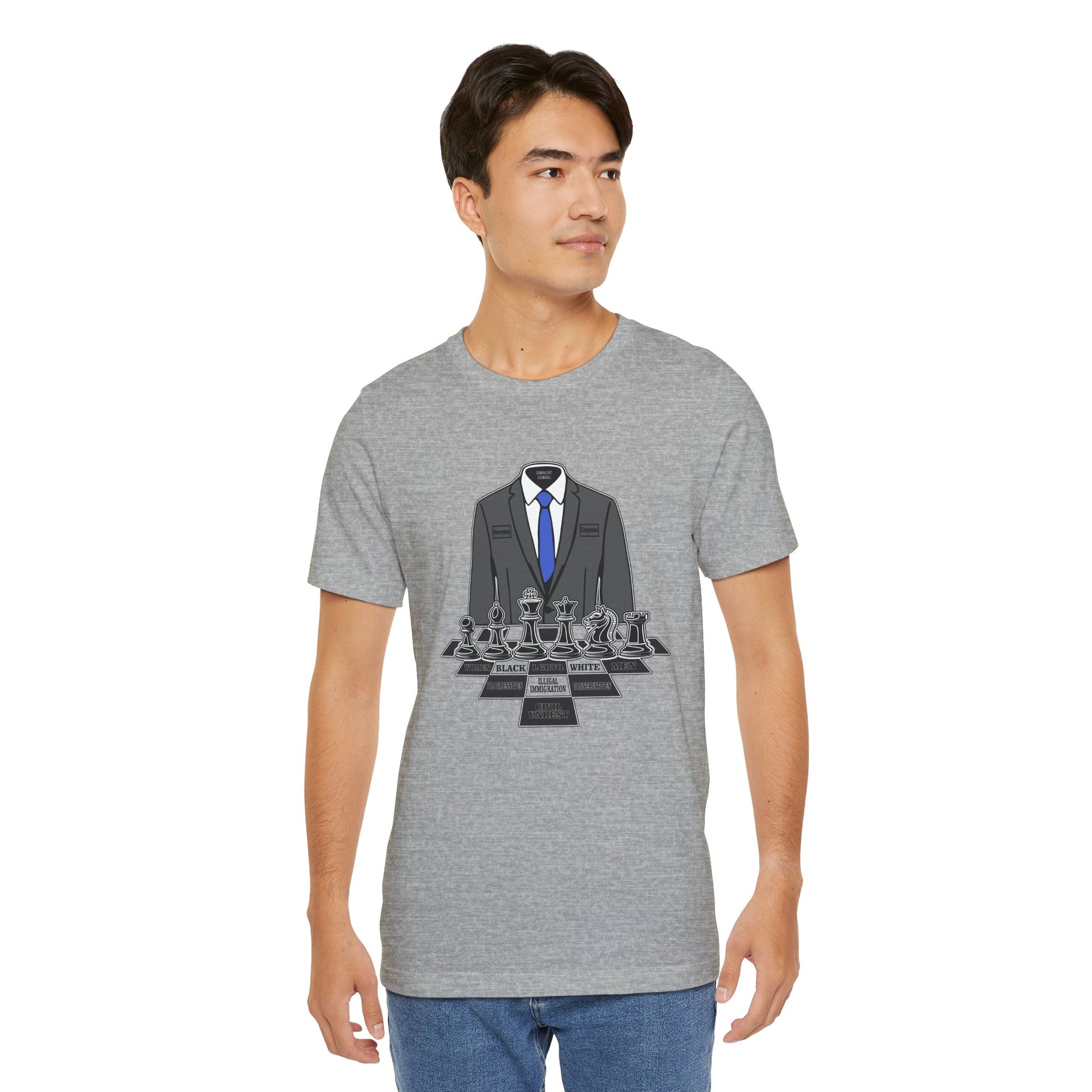 Man wearing a gray t-shirt with a suit and tie graphic on a white background