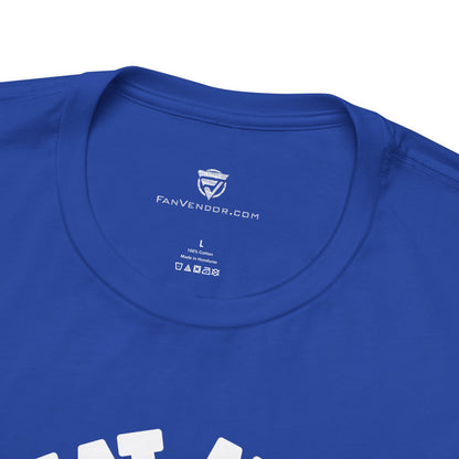 Close-up of a blue t-shirt with 'FanVendor.com' logo on the collar.