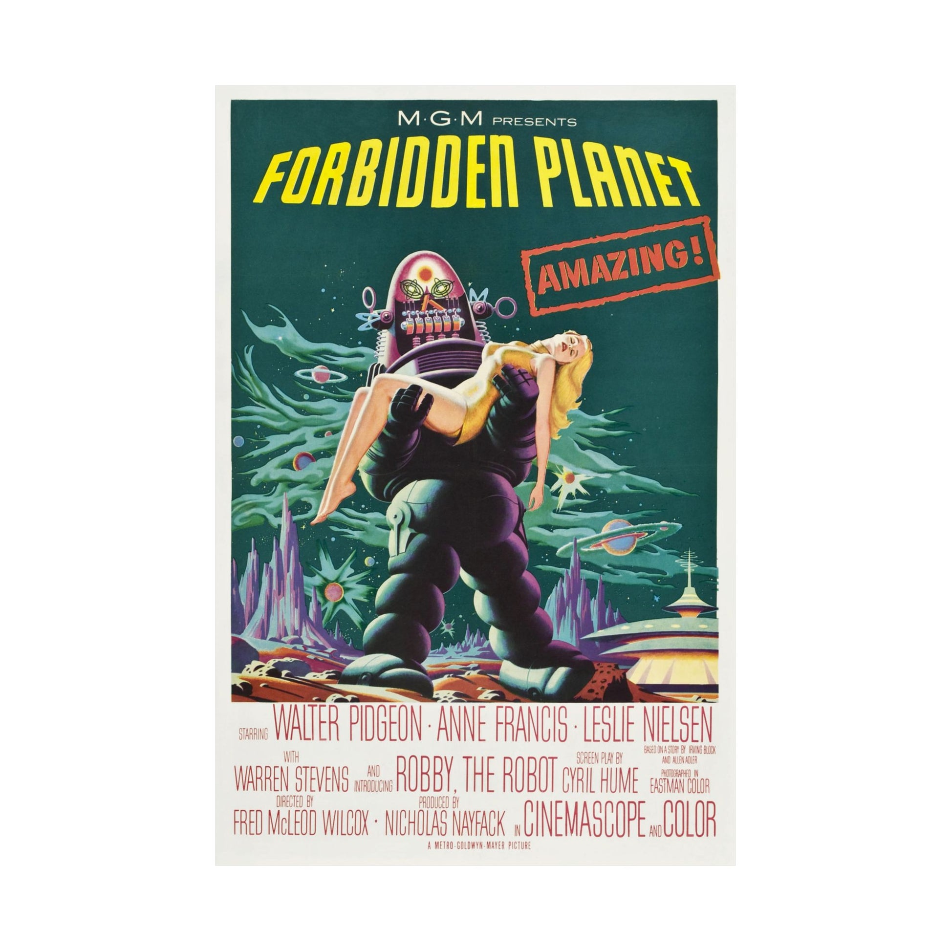 Vintage movie poster for 'Forbidden Planet' featuring a robot and a woman in a futuristic setting.