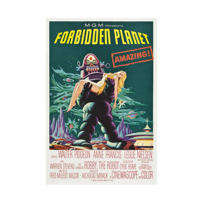 Vintage movie poster for 'Forbidden Planet' featuring a robot and a woman in a futuristic setting.