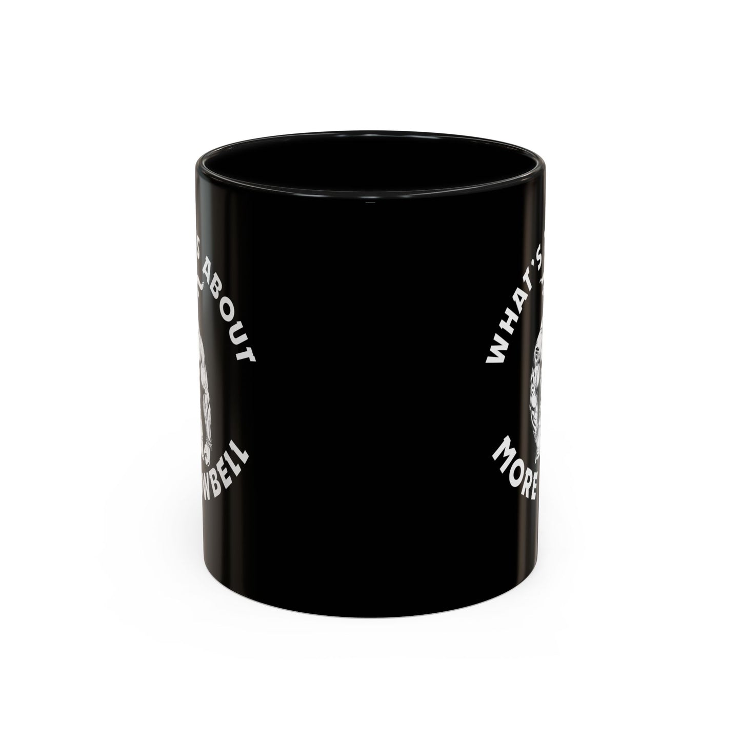 Black mug with white text on a white background