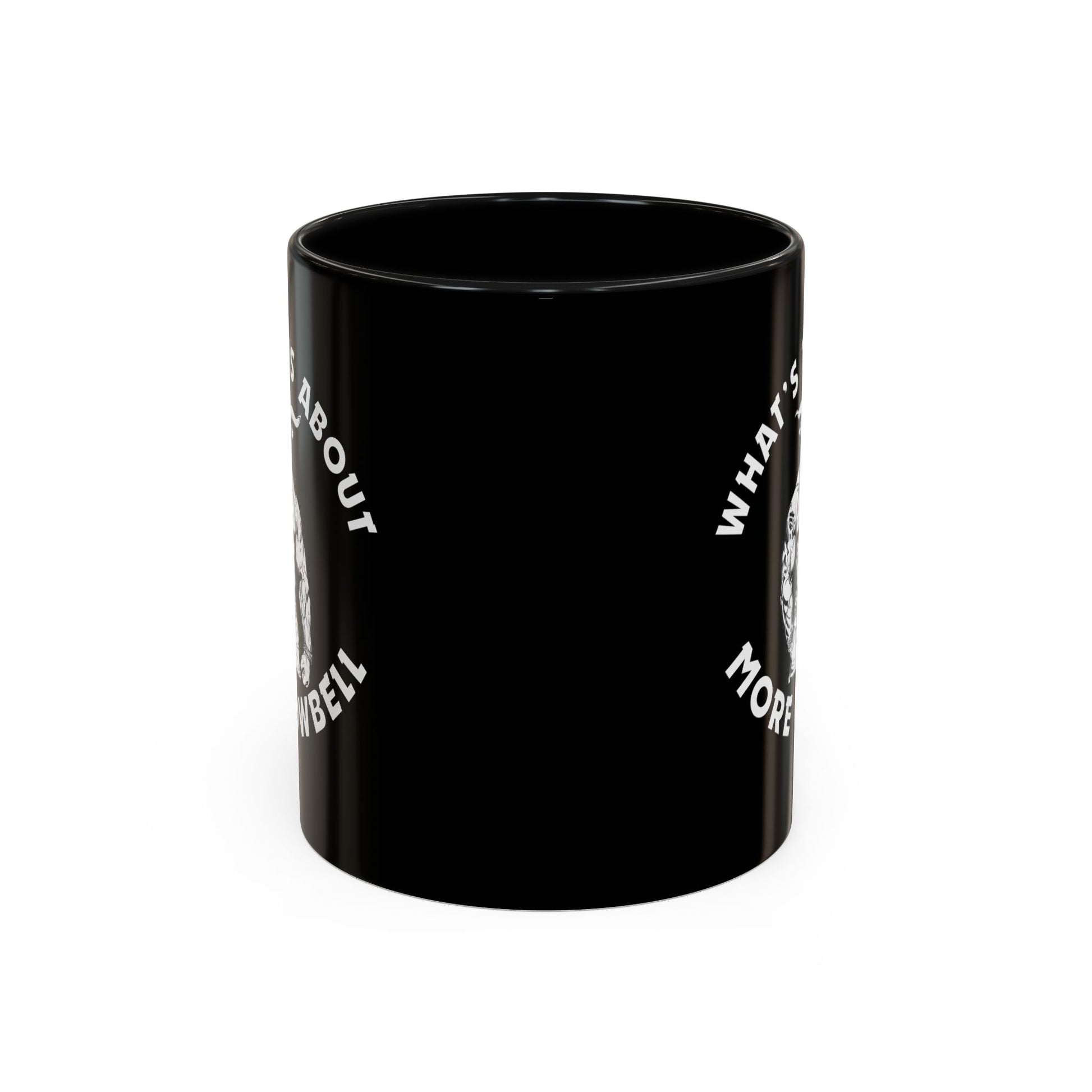 Black mug with white text on a white background