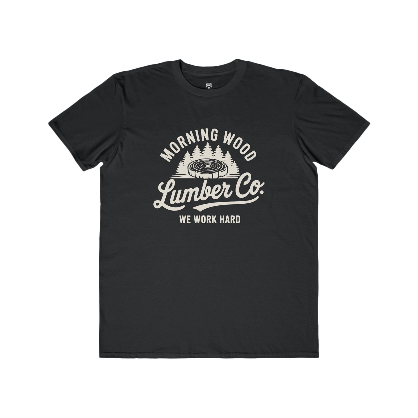 Black t-shirt with white graphic and text on a white background