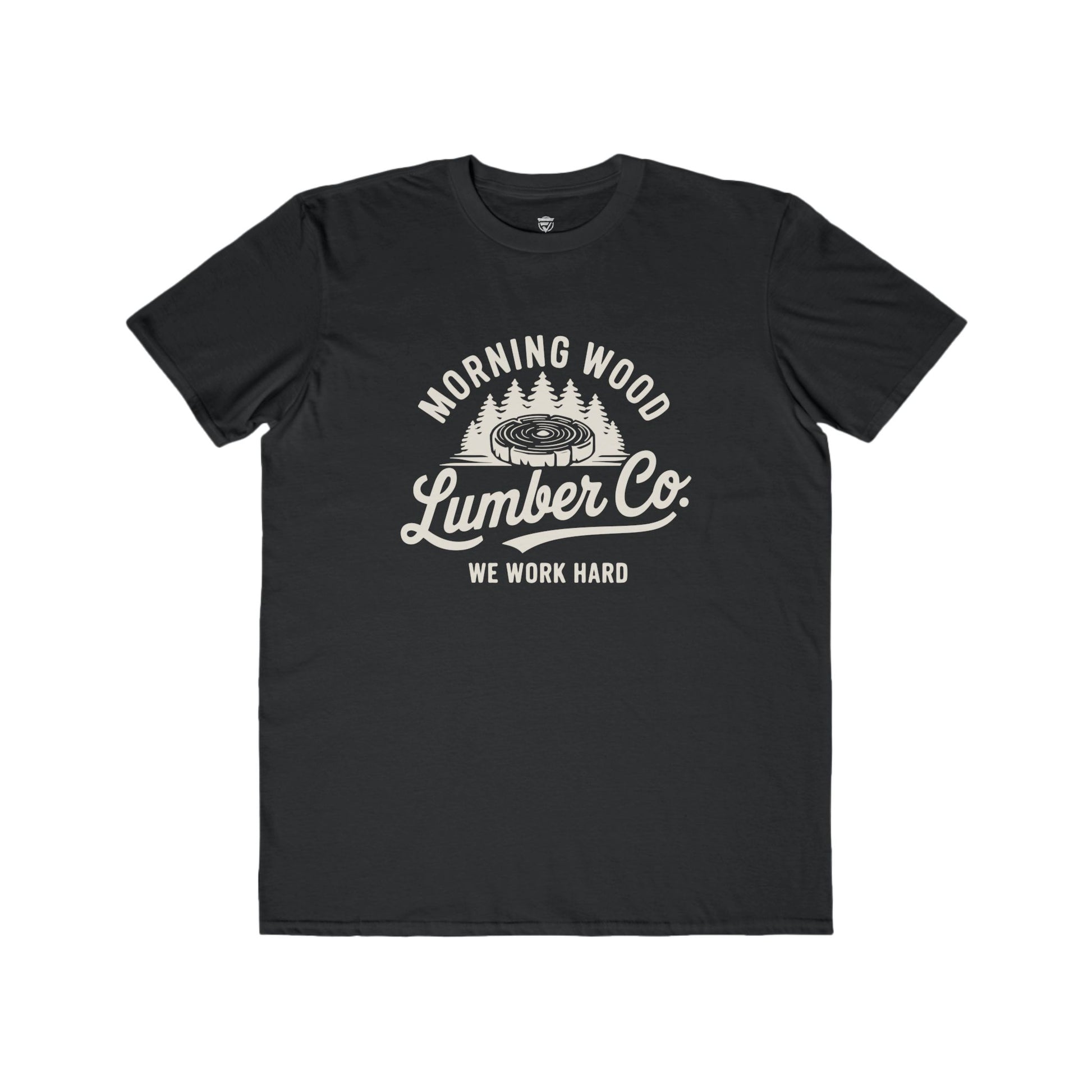 Black t-shirt with white graphic and text on a white background