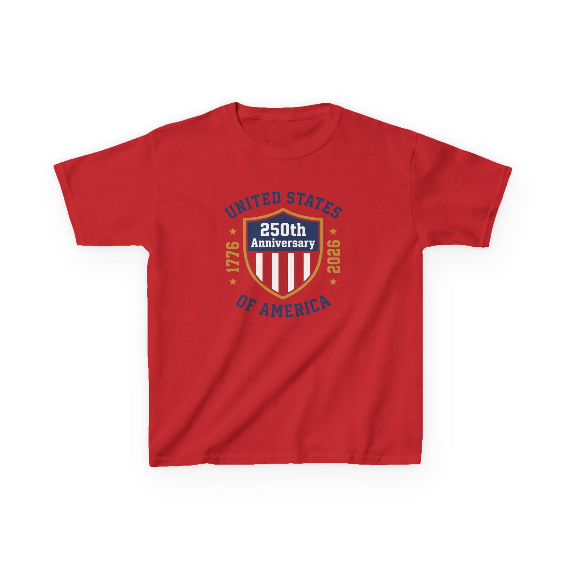 Red t-shirt with a 250th Anniversary of the United States design on a white background