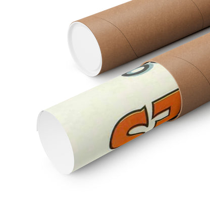Two cardboard tubes with white ends and a decorative band featuring the number 65 on a white background.