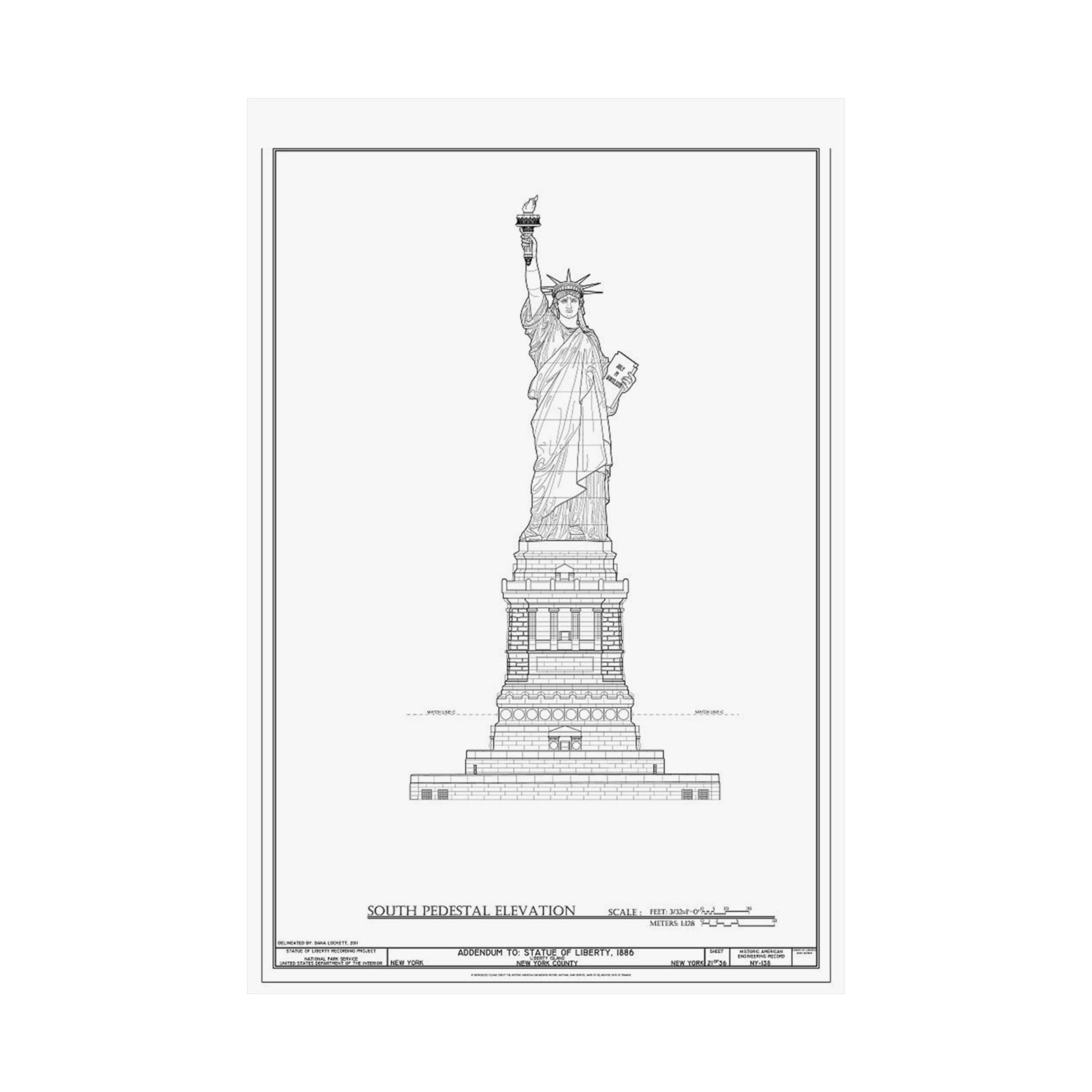 Technical drawing of the Statue of Liberty on a white background