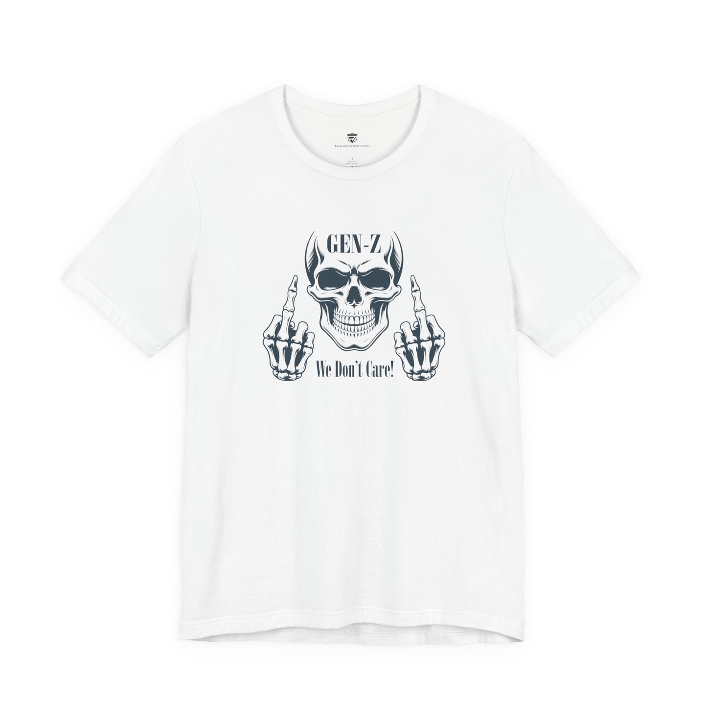 White t-shirt with a skull and skeleton hand graphic on a white background
