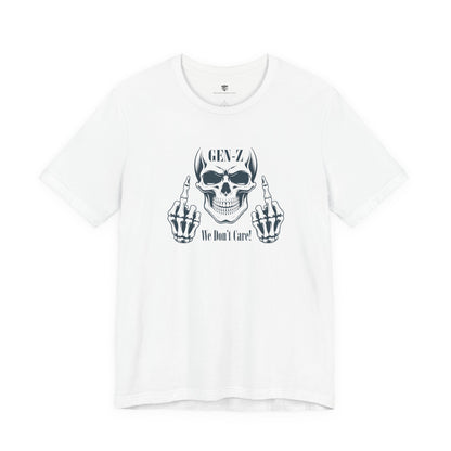 White t-shirt with a skull and skeleton hand graphic on a white background