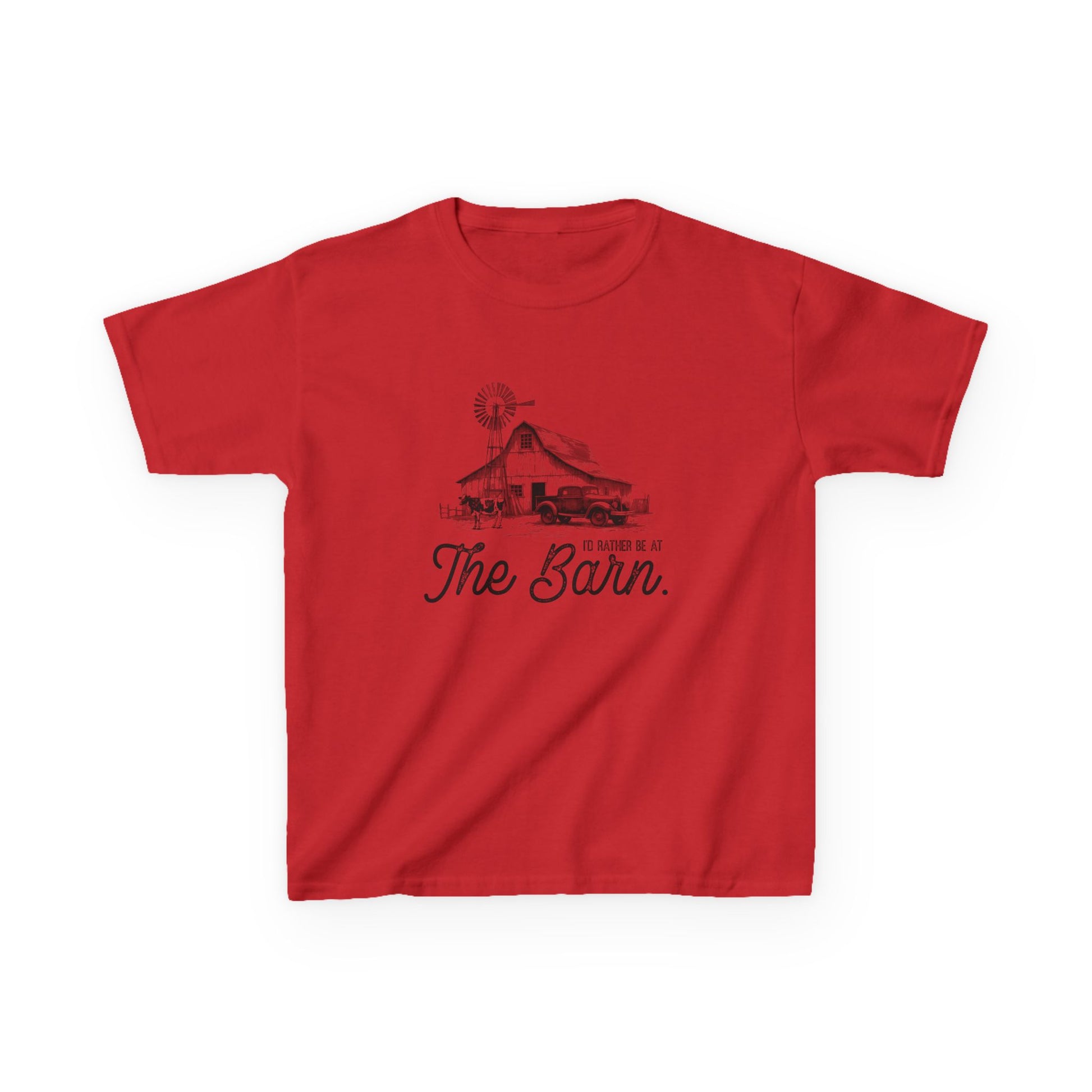 Red t-shirt with black graphic and text on a white background