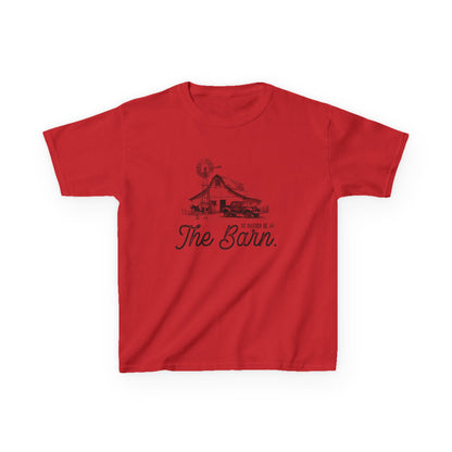 Red t-shirt with black graphic and text on a white background