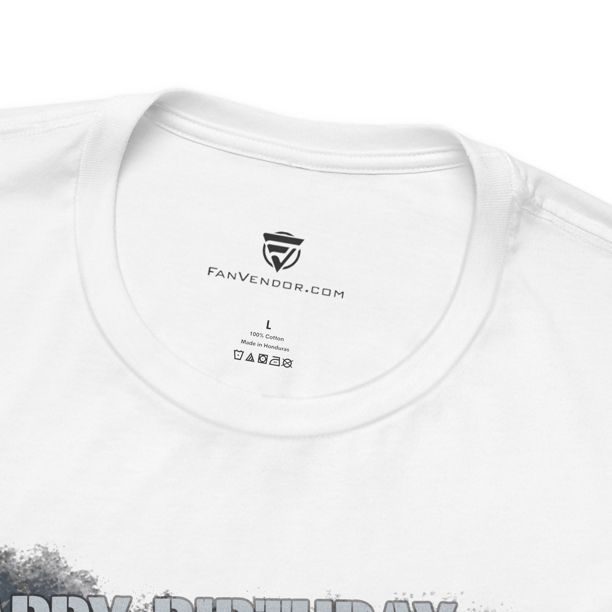 White t-shirt with 'FanVendor.com' logo and text on a white background