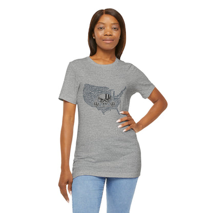 Woman wearing a gray t-shirt with text on a white background