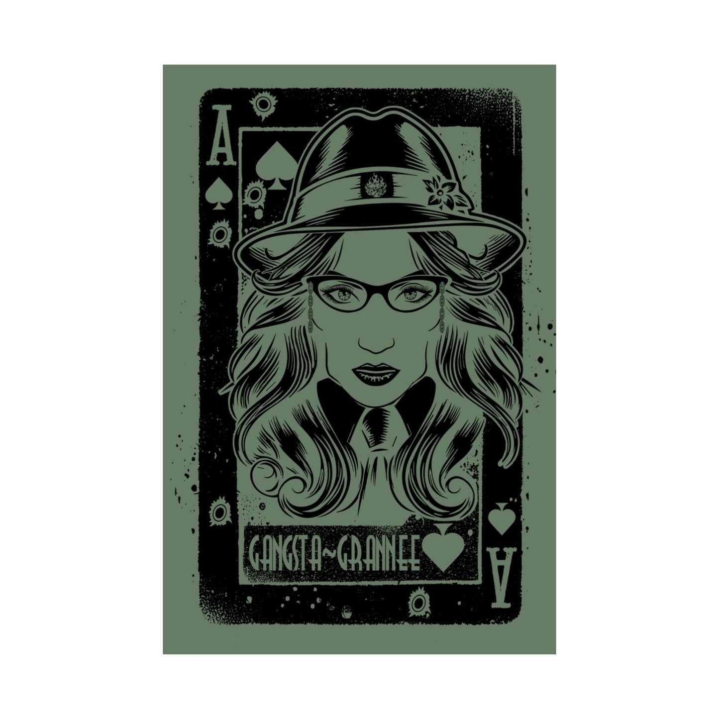 Playing card design with a stylized woman's face, glasses, and hat on a green background.
