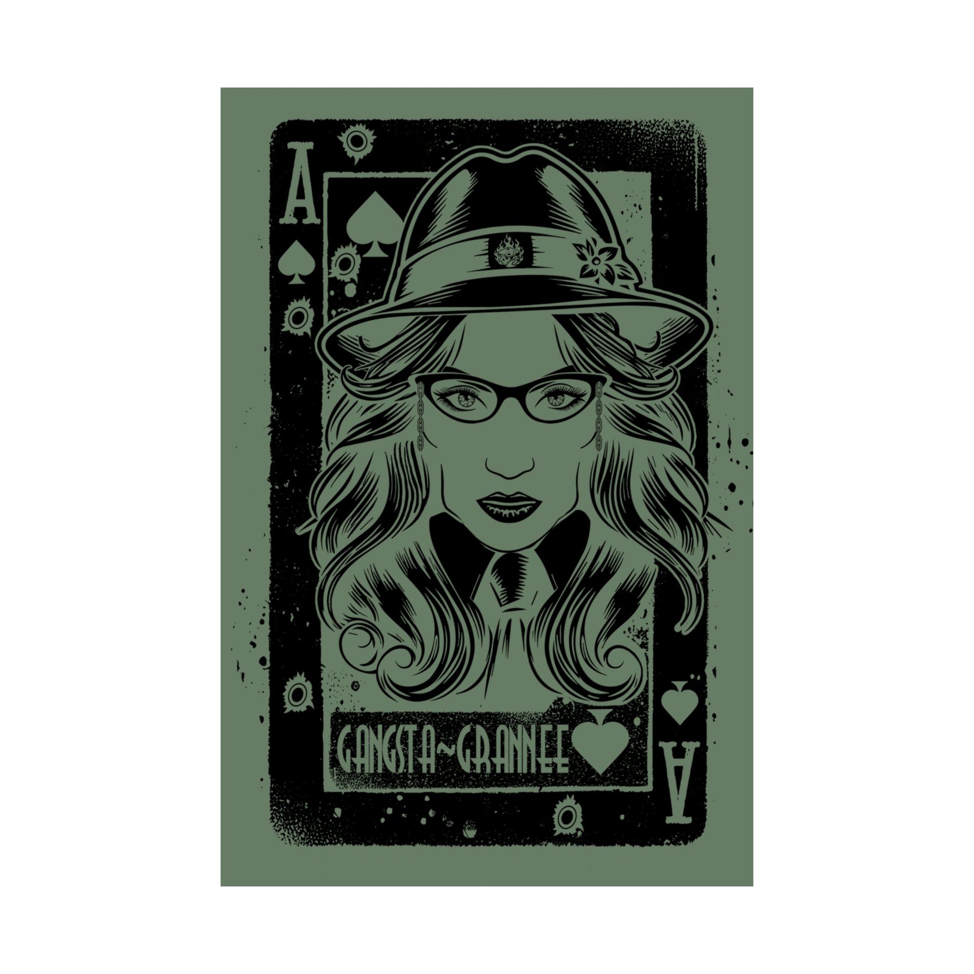 Playing card design with a stylized woman's face, glasses, and hat on a green background.