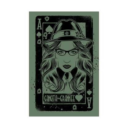 Playing card design with a stylized woman's face, glasses, and hat on a green background.
