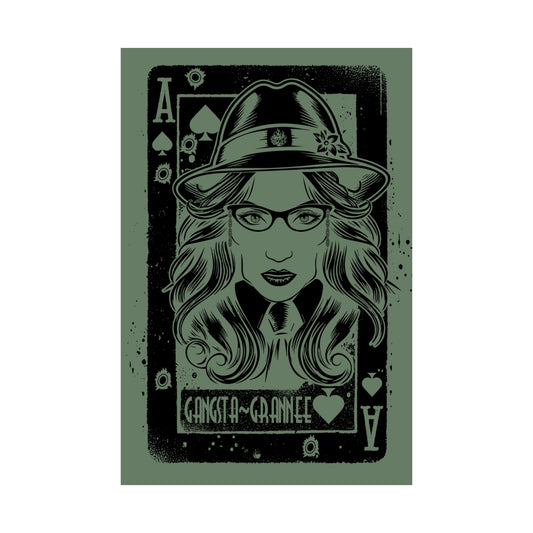Playing card design with a stylized woman's face, glasses, and hat on a green background.