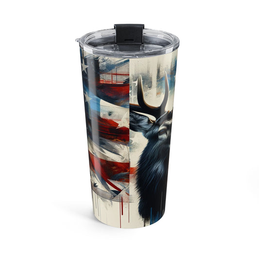 Tumbler with a design of a bull and American flag on a white background