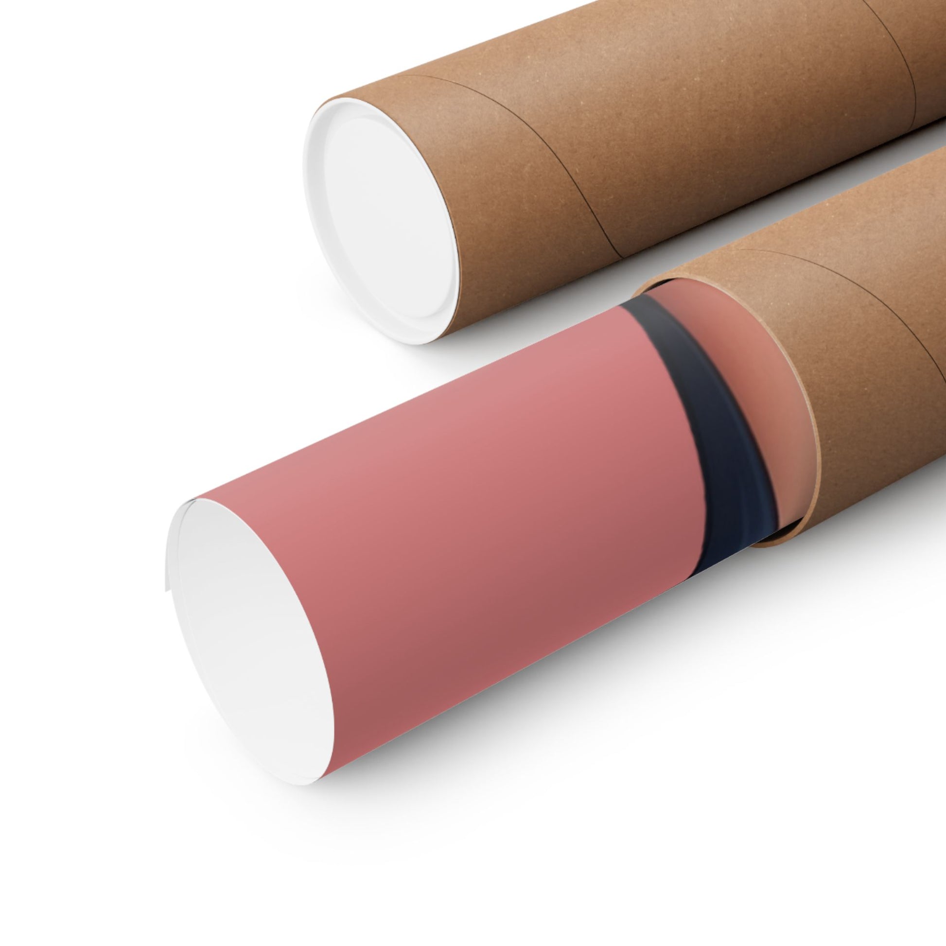 Two brown kraft paper mailing tubes, one closed and one partially opened to reveal a dusty pink inner sleeve and a dark navy band, set against a clean white background.