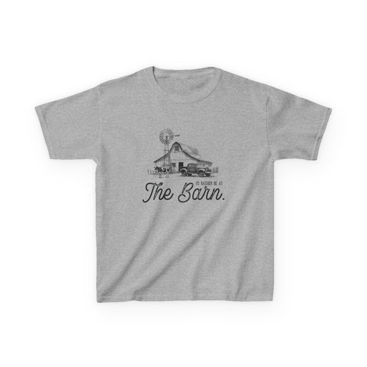 Gray t-shirt with a barn design on a white background
