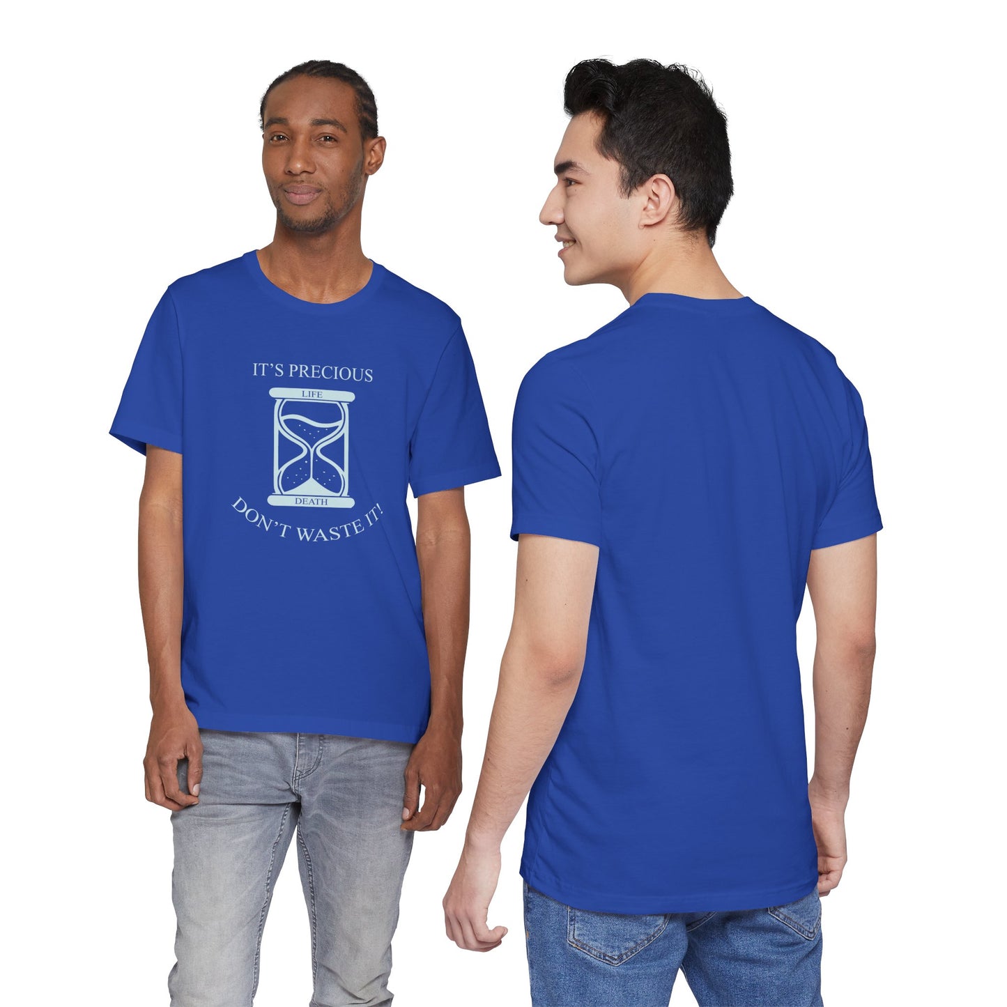 Two people wearing a blue t-shirt with a design and text on a white background