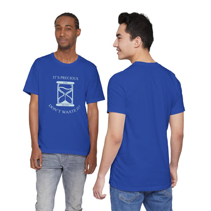 Two people wearing a blue t-shirt with a design and text on a white background