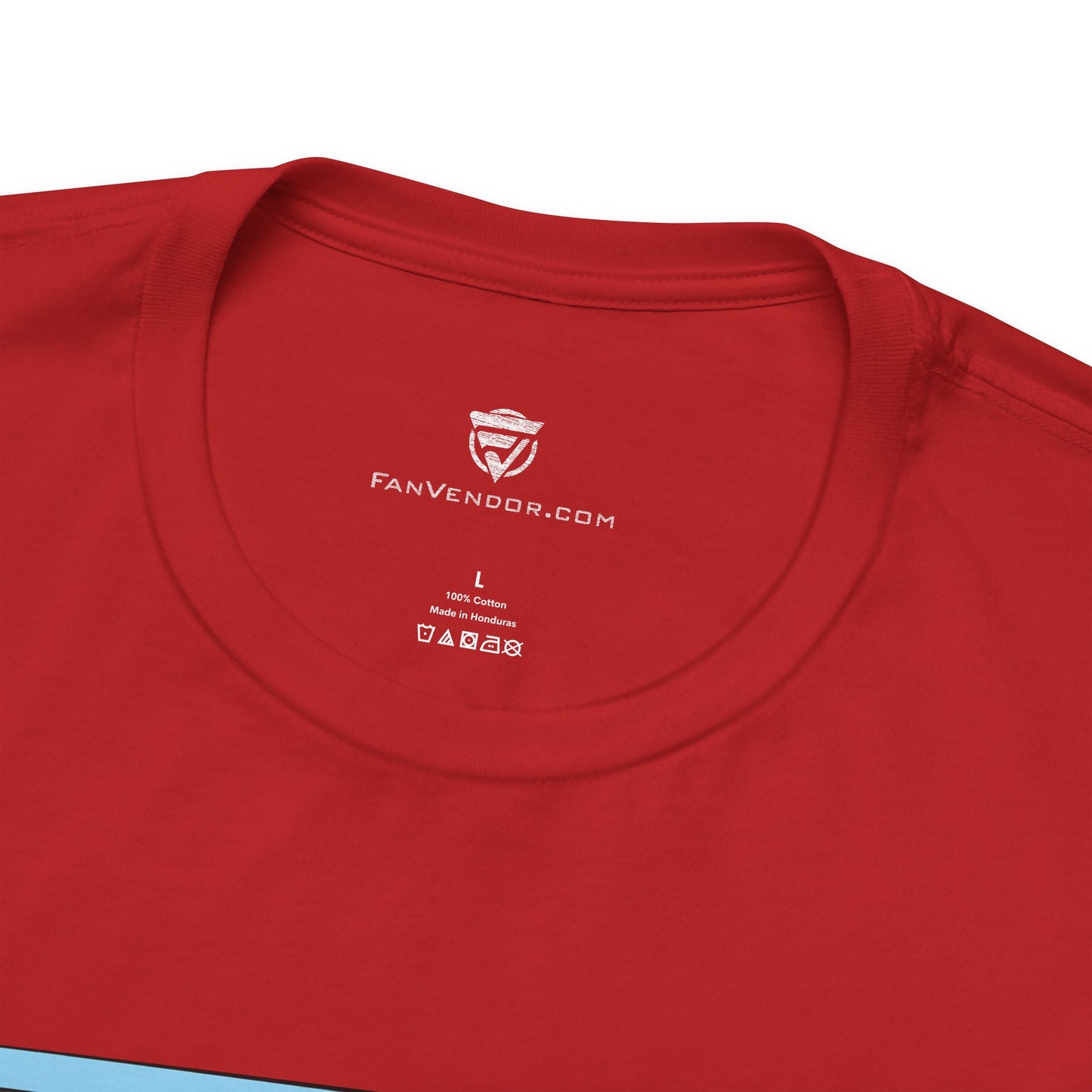 Red t-shirt with 'Fanvendor.com' logo and text on a white background