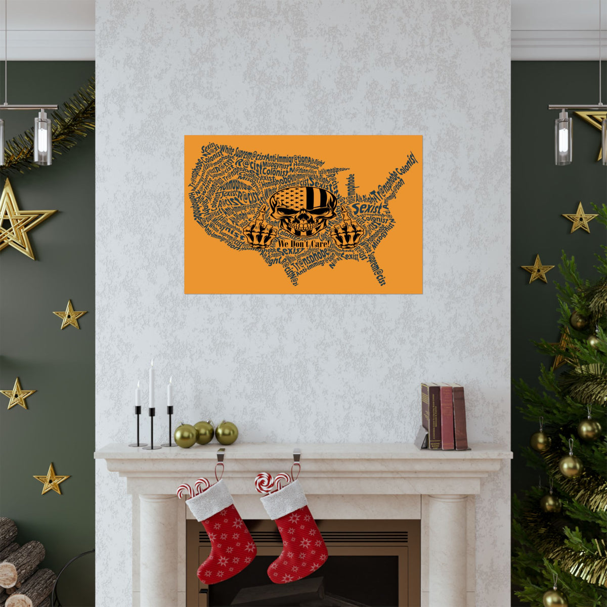 Map of the United States with text on an orange background above a fireplace with Christmas stockings.