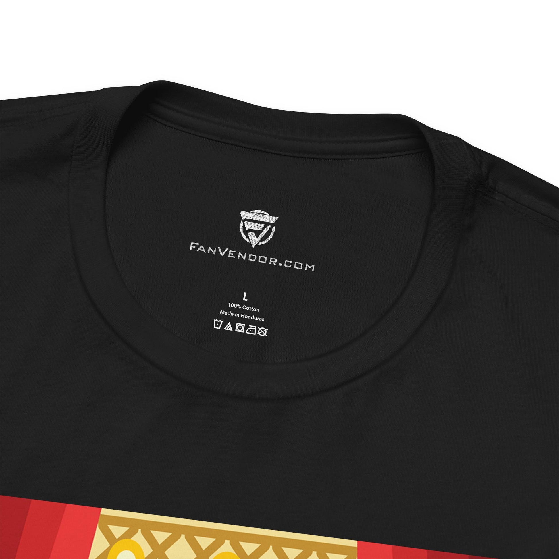 Black t-shirt with a brand logo and text on the collar, showing a close-up of the neckline.