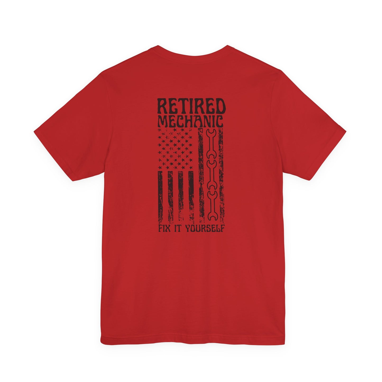 Red t-shirt with 'Retired Mechanic Fix It Yourself' text and graphic on a white background