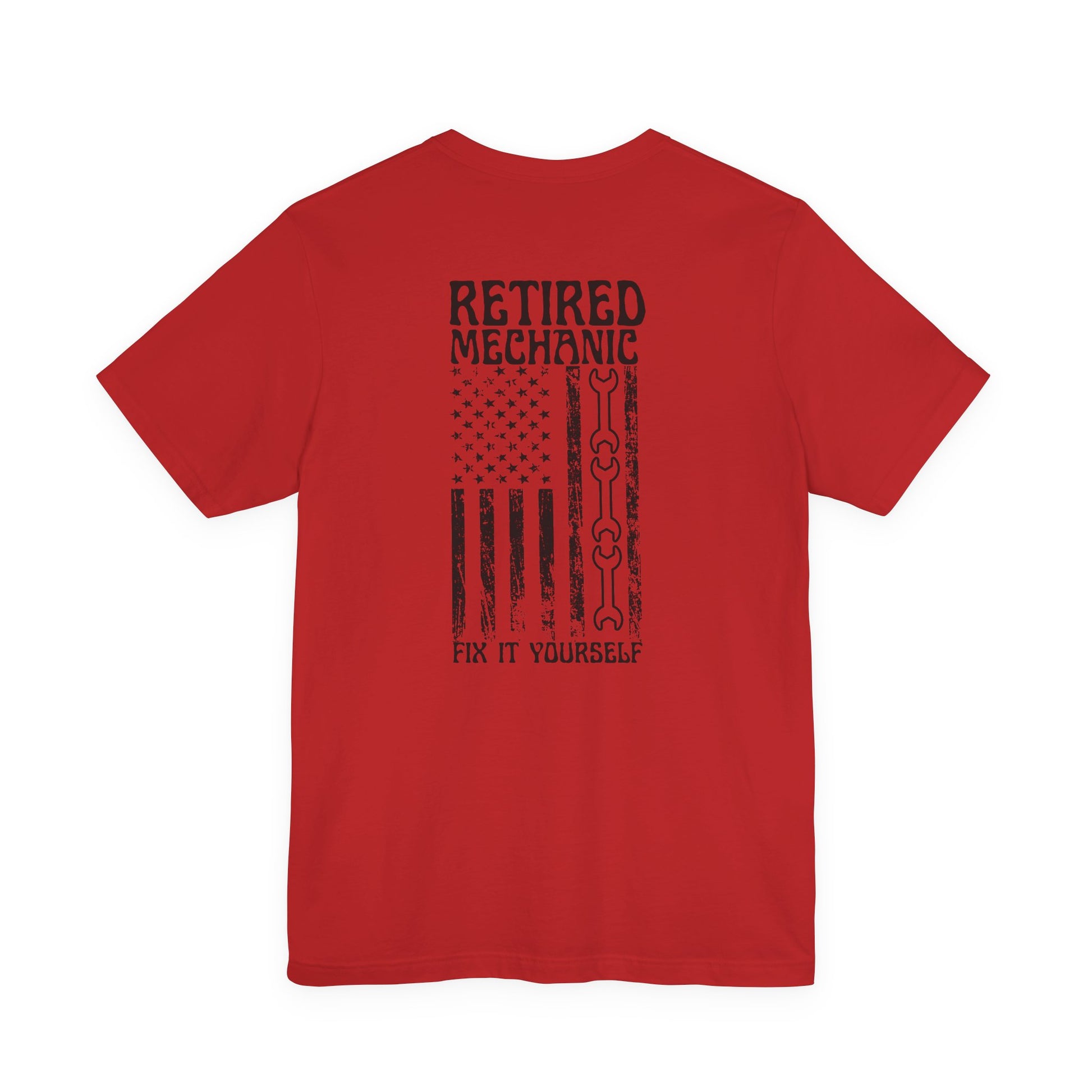 Red t-shirt with 'Retired Mechanic Fix It Yourself' text and graphic on a white background
