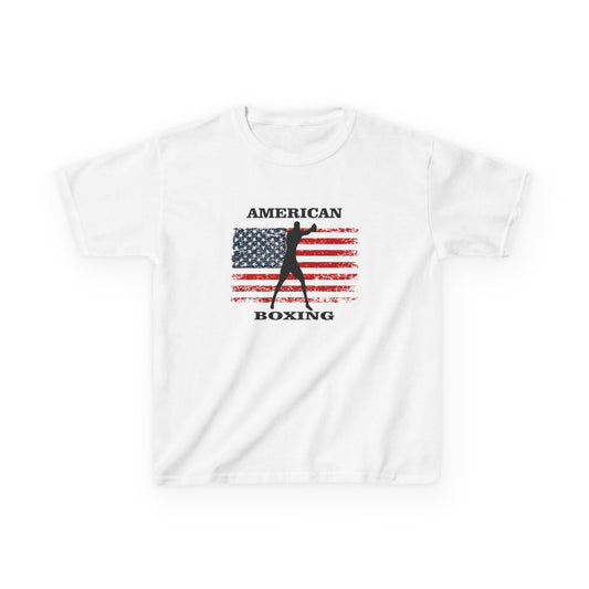 White t-shirt with American flag and boxing design on a white background