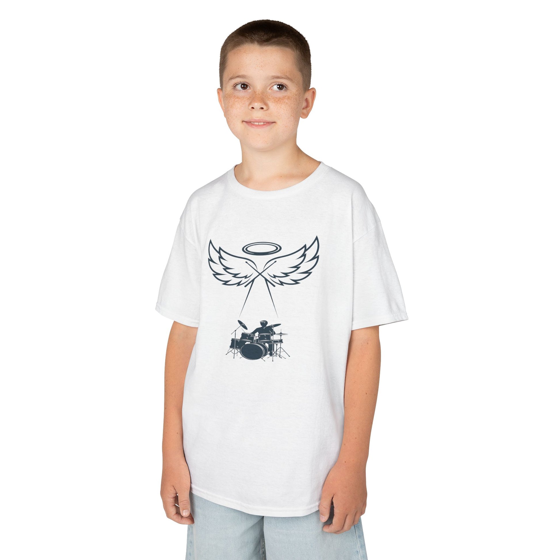Child wearing a white t-shirt with a graphic design on a white background