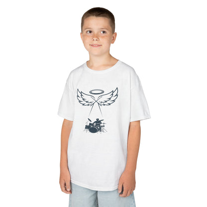 Child wearing a white t-shirt with a graphic design on a white background