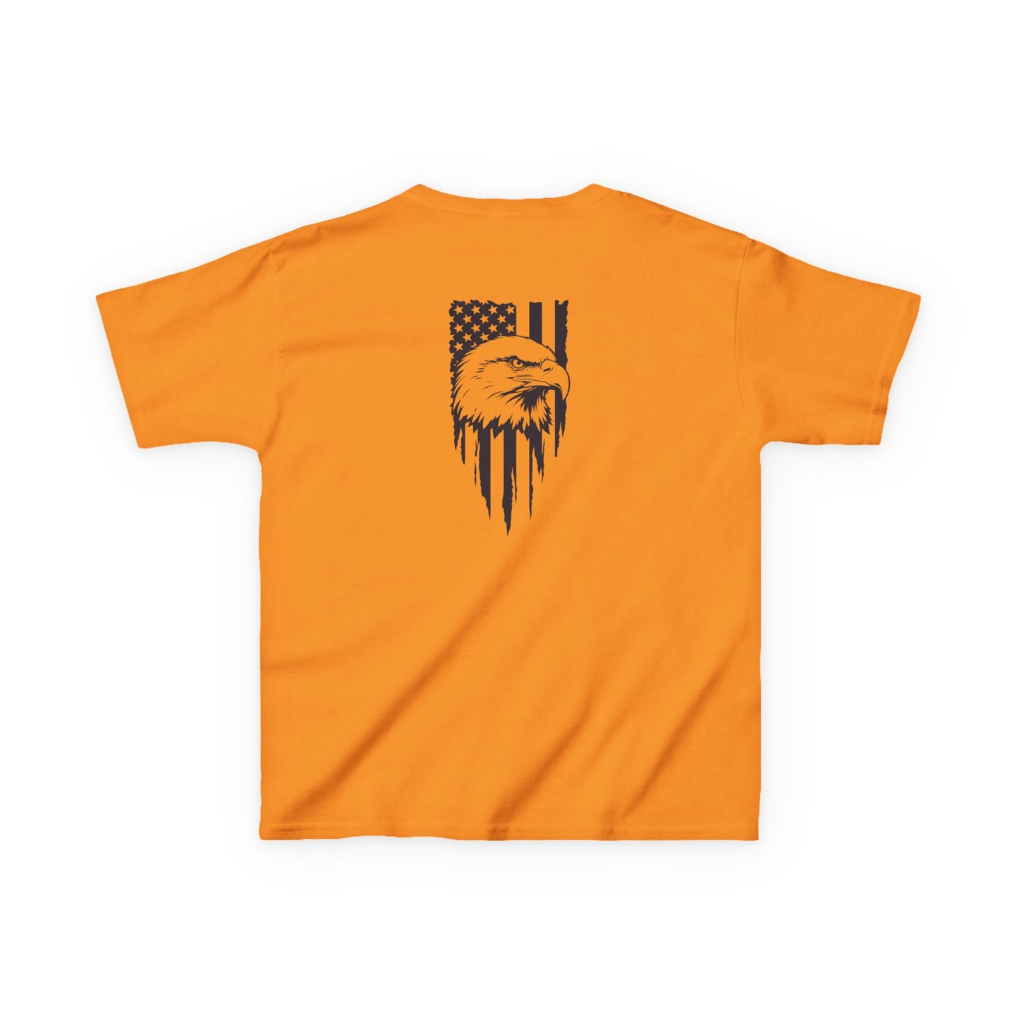 Orange t-shirt with an eagle and American flag design on a white background