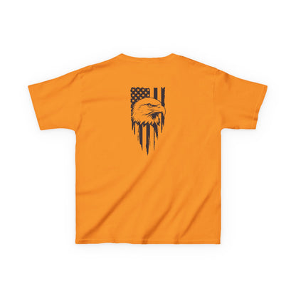 Orange t-shirt with an eagle and American flag design on a white background