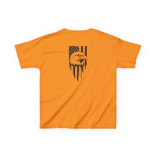 Orange t-shirt with an eagle and American flag design on a white background