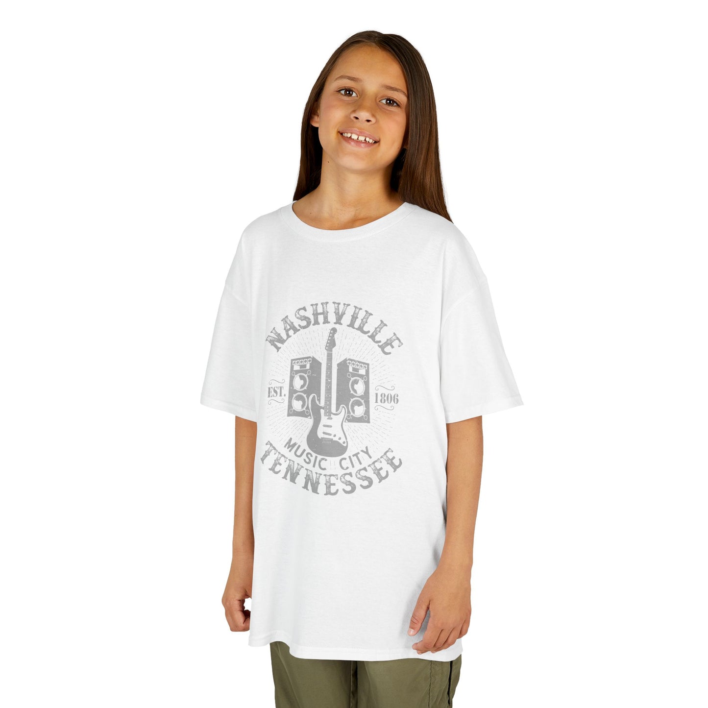 Young girl wearing a white t-shirt with text and graphic on a white background