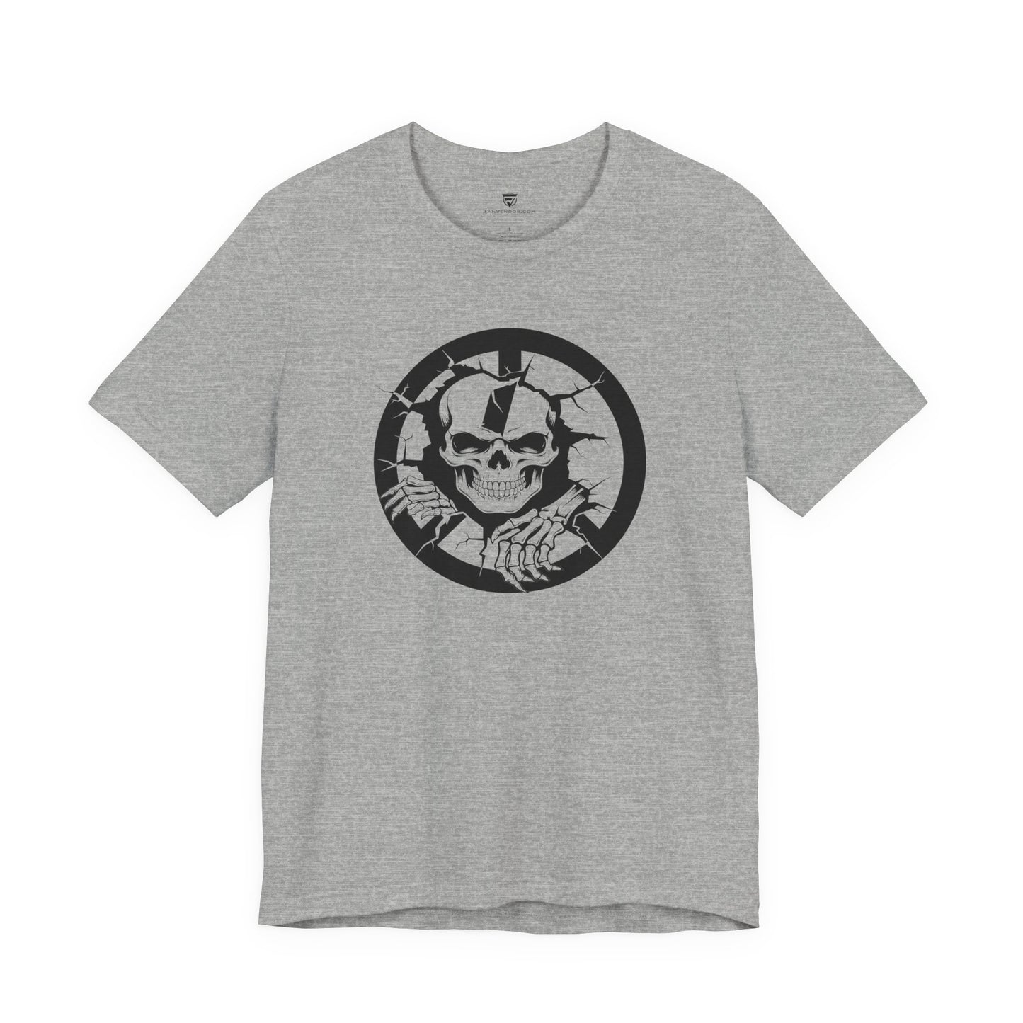 Gray t-shirt with a black skull and hand design on a white background