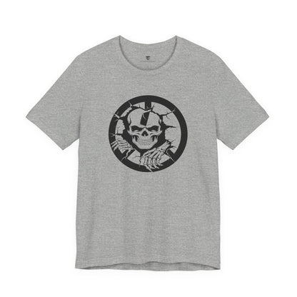 Gray t-shirt with a black skull and hand design on a white background