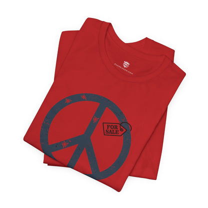 Red t-shirt with peace symbol and 'For Sale' tag design on a white background