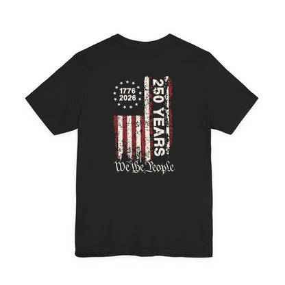 Black t-shirt with American flag design and text on a white background
