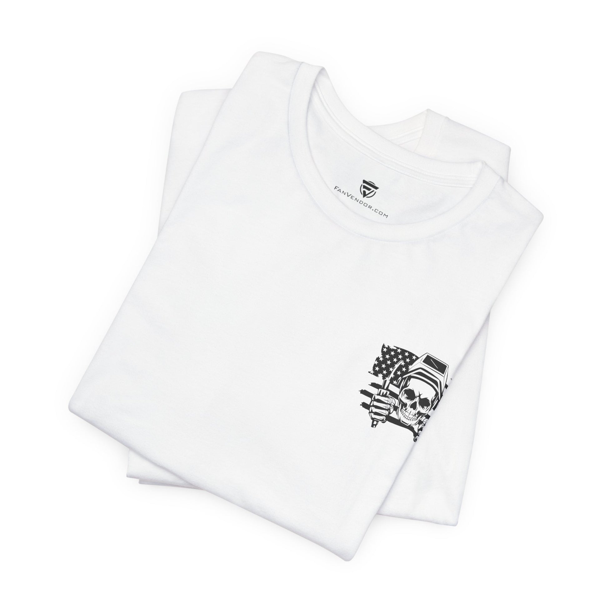 White t-shirt with black graphic design on a white background