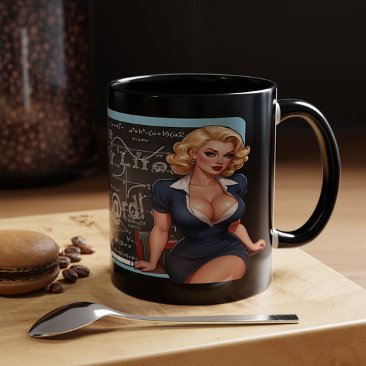 A black ceramic coffee mug with a retro pin-up illustration of a blonde woman in a blue dress, set on a wooden surface next to a spoon and coffee beans.