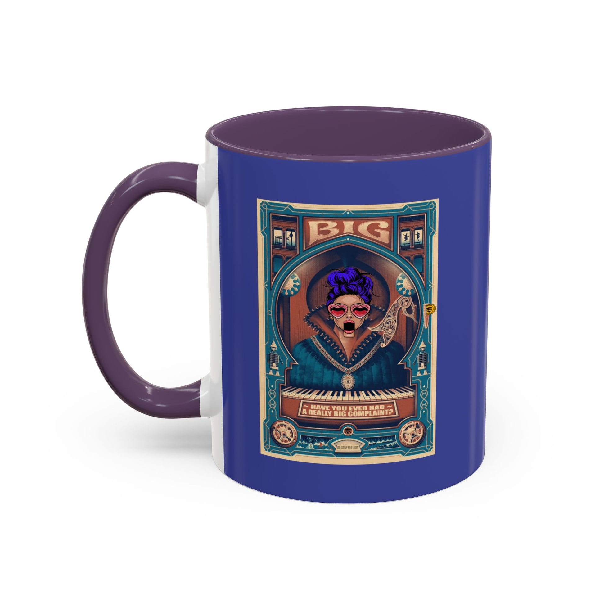 Mug with a colorful design featuring a person with purple hair and a keyboard, on a white background.