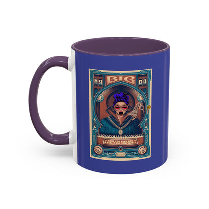 Mug with a colorful design featuring a person with purple hair and a keyboard, on a white background.